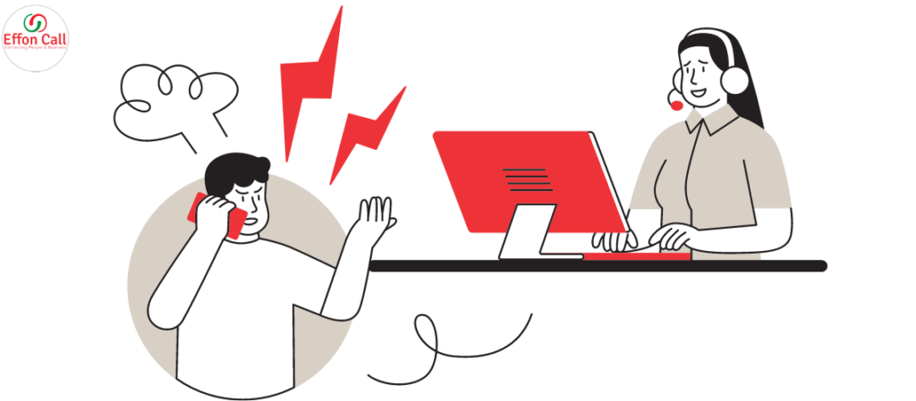 clienti insoddisfatti e arrabbiato al telefono mentre una addetta al customer service cerca di risolvere il problema